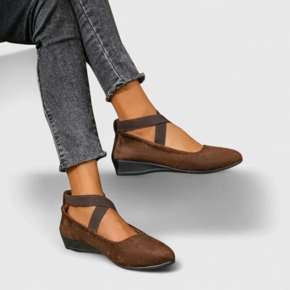 Dark Brown Faux Suede Criss Cross Strap Ballerina Mary Jane Wedges US 5